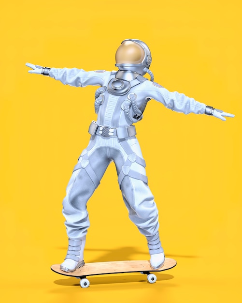 Astronauta se equilibrando em um skate, fundo amarelo. ilustração 3d