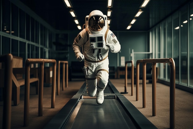 Astronauta se exercitando em uma esteira no espaço
