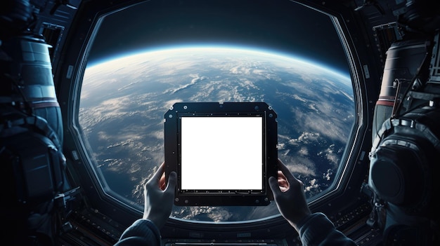 Astronauta segurando um modelo de tablet em uma nave espacial
