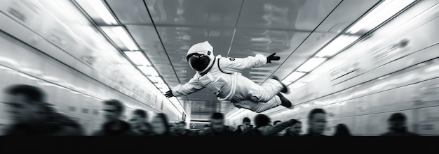 Foto astronauta sem peso em um terno espacial branco está no ar e voando
