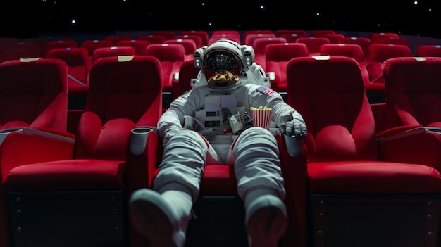 Foto astronauta sentado em uma cadeira de cinema vermelho em um cinema com pipocas é seu colo