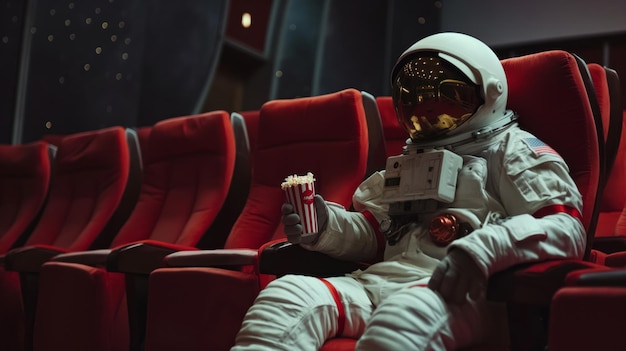 Foto astronauta sentado em uma cadeira de cinema vermelho em um cinema com pipocas é seu colo