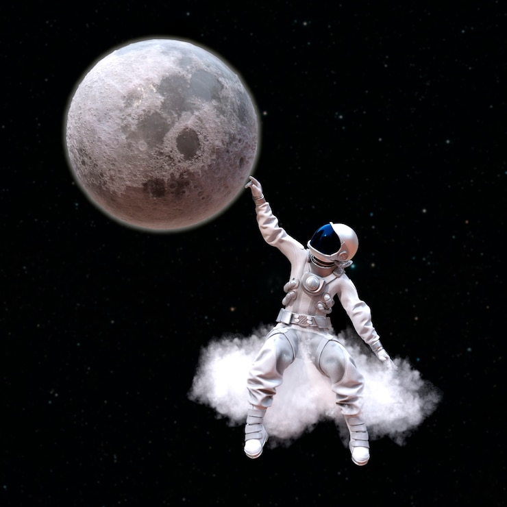 Foto astronauta sentado em uma nuvem tocando a lua com a mão