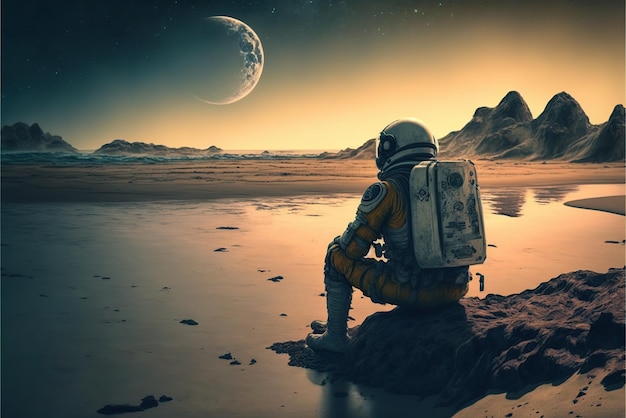 Foto astronauta sentado em uma pedra ao pôr-do-sol olhando para outro planeta no horizonte