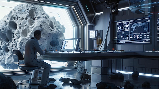 Foto astronauta sentado en un escritorio en una nave espacial mirando a un asteroide él está usando un traje espacial y hay rocas y escombros flotando alrededor