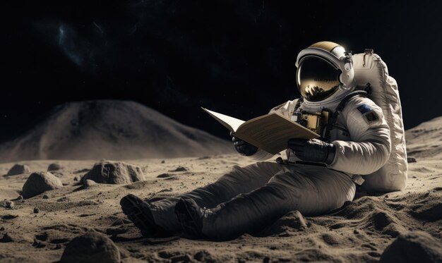 Un astronauta sentado en la luna leyendo un libro