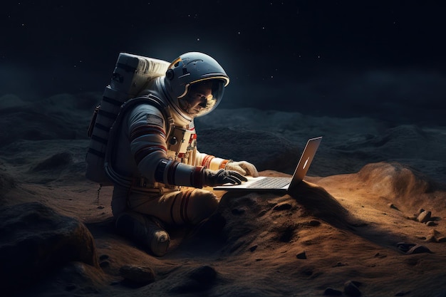 Astronauta sentado na areia e trabalhando em seu laptop