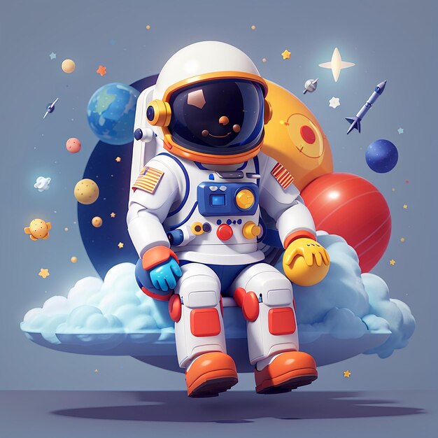 Astronauta sentado en la nube con planeta globo icono de dibujos animados vectorial ilustración ciencia tecnología icono concepto aislado estilo de dibujo animado plano vectorial premium