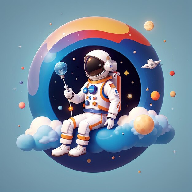 Astronauta sentado en la nube con planeta globo icono de dibujos animados vectorial ilustración ciencia tecnología icono concepto aislado estilo de dibujo animado plano vectorial premium