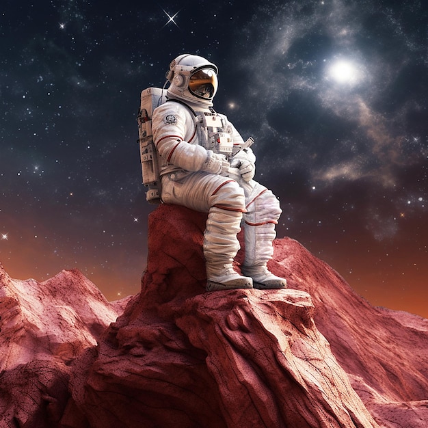 Astronauta sentado en la roca en el espacio ilustración realista