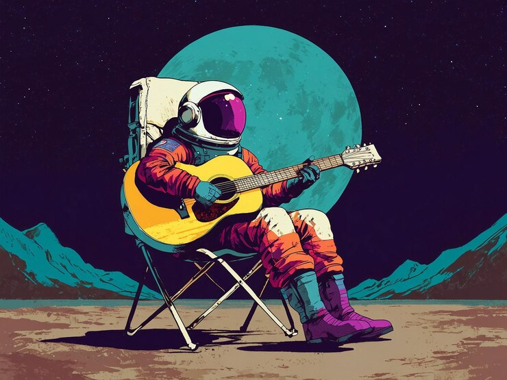 astronauta sentado en una silla de campamento en la luna tocando una guitarra acústica