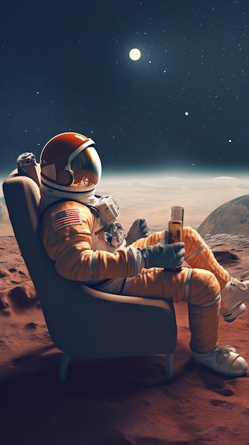 astronauta sentado en una silla en la superficie de un planeta con un libro ai generativo