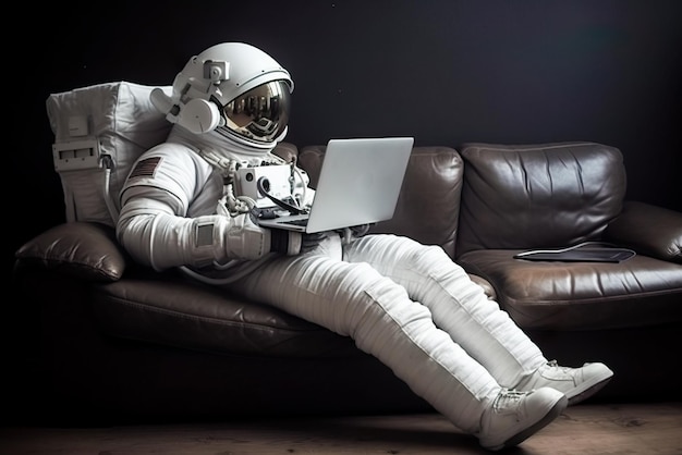 Astronauta sentado en un sofá con una computadora portátil AI generativa