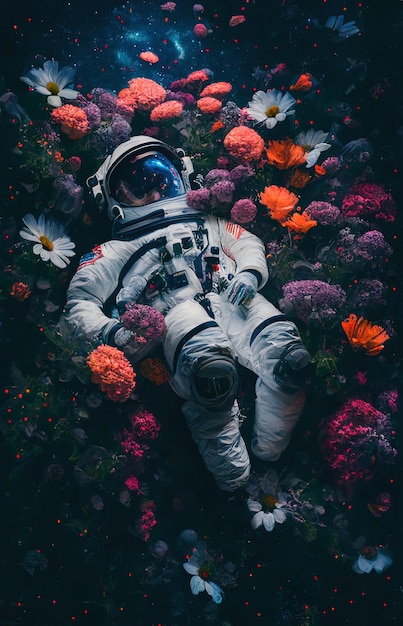 Astronauta de la serenidad cósmica descansando entre flores en la oscuridad cinematográfica