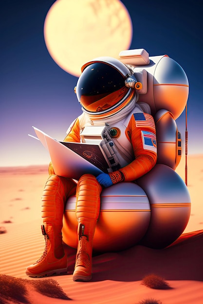 Un astronauta se sienta en una silla en el desierto con un mapa de la luna al fondo