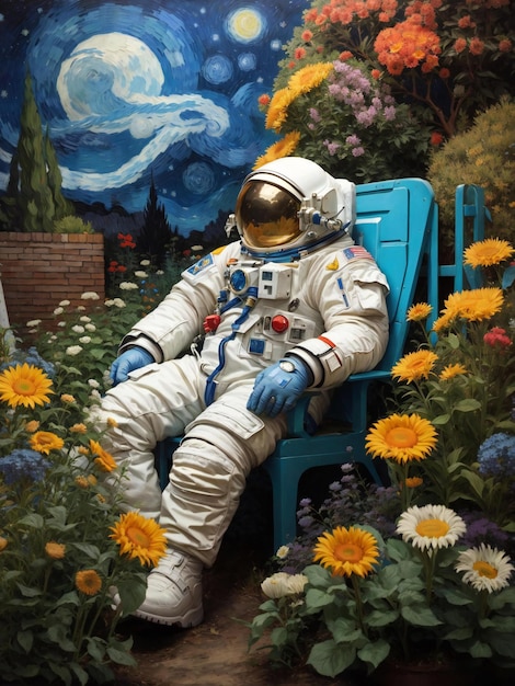 Un astronauta en una silla azul está sentado en un jardín.