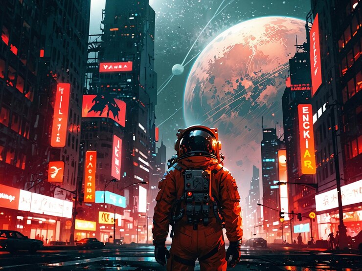 Un astronauta solitario se encuentra en un futurístico