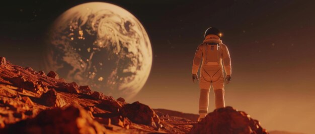 Un astronauta solitario explorando el terreno accidentado de un planeta rojo