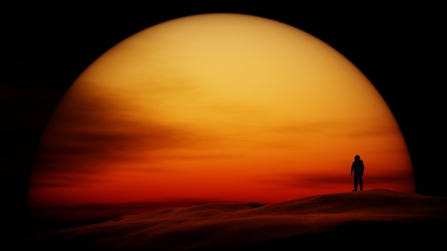 Astronauta solitario mira la puesta de sol en el planeta desierto Cosmonauta del paisaje marciano contrastante en el fondo de un gran sol amarillo rojo naranja en el horizonte 3d render