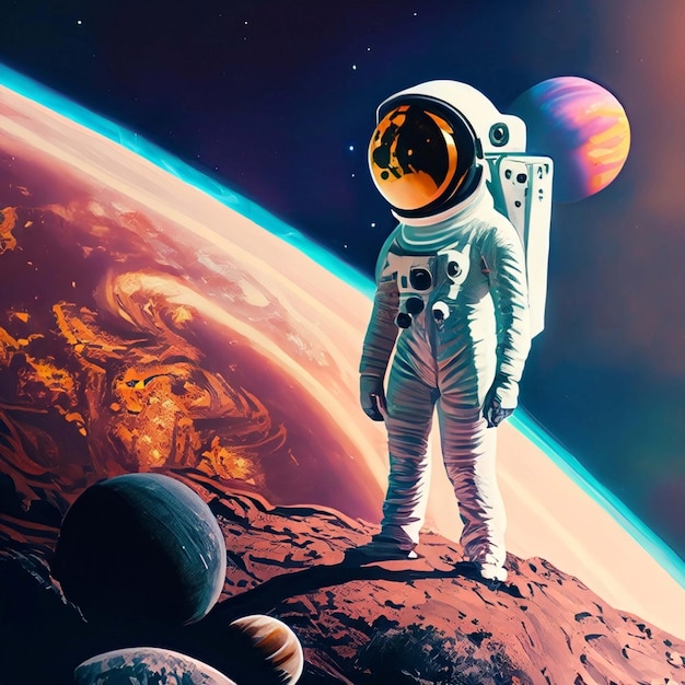 Astronauta solitario en traje espacial de pie en la Luna mirando a la Tierra distante
