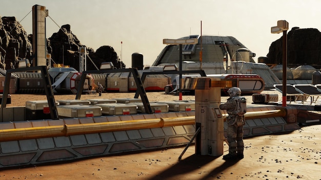 Un astronauta solo se encuentra en la base de Marte rodeado de edificios modulares y tecnología avanzada El terreno accidentado de Marte se vislumbra en el fondo destacando el aislamiento