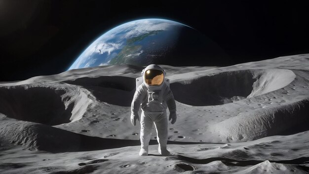 Astronauta solo está de pie en la superficie de la luna entre los cráteres renderización 3d