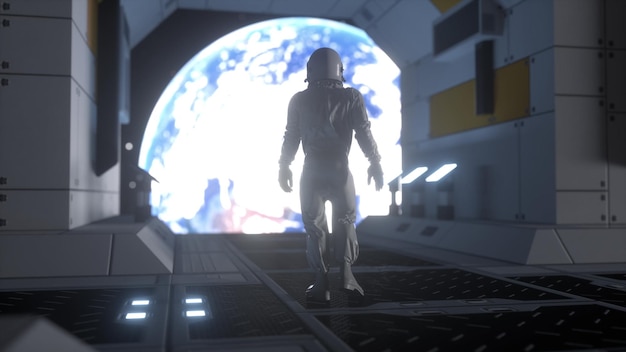 Astronauta solo en nave espacial futurista Vista de la tierra renderizado 3d