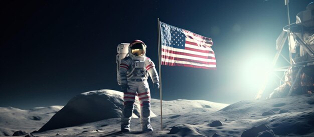 Foto astronauta sosteniendo la bandera de estados unidos fondo espacial de la luna generado por ia