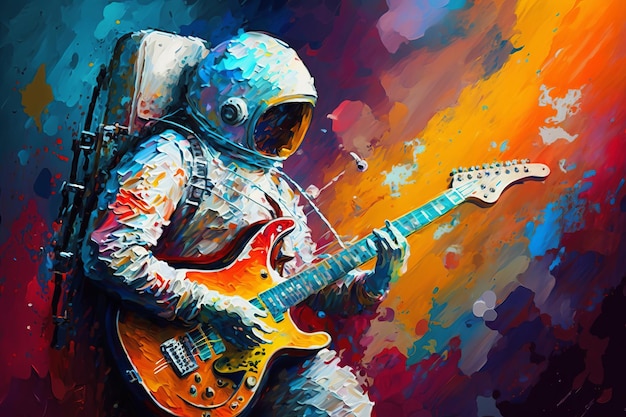 Un astronauta sosteniendo una guitarra IA generativa de pintura de colores vivos y vibrantes