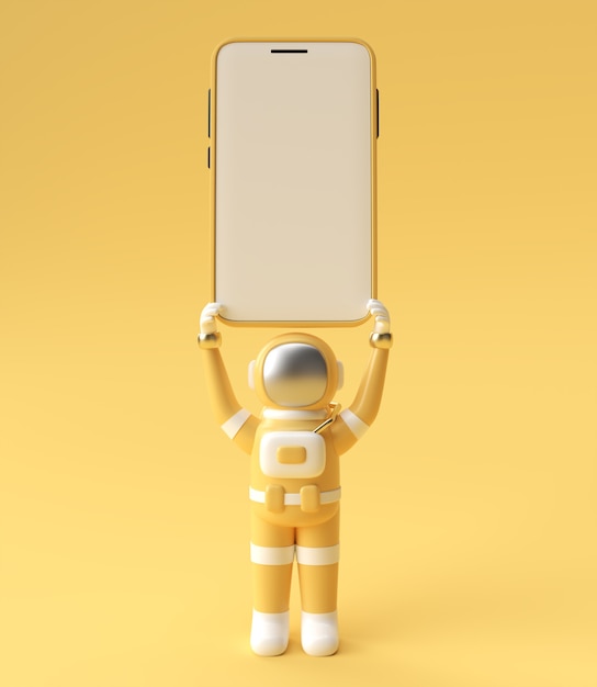 Astronauta sosteniendo la plantilla de pantalla en blanco de Smartphone. Maqueta de moda abstracta. Representación 3D de la aplicación móvil del teléfono en blanco.