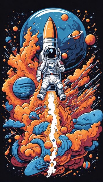 Astronauta y su cohete en una hermosa ilustración vectorial para el diseño de camisetas