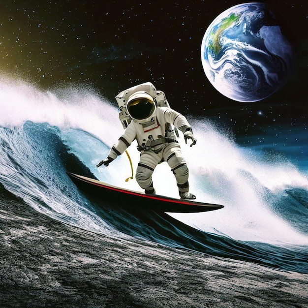 Astronauta surfando na lua com a Terra ao fundo