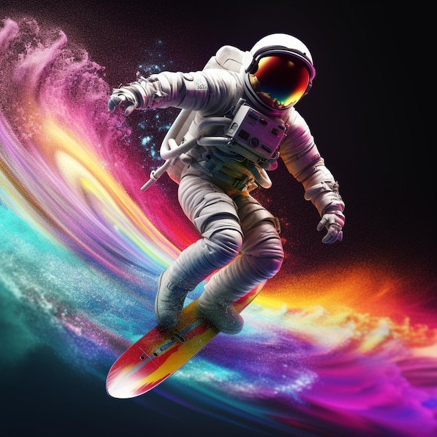 Astronauta surfeando en el arco iris en el fondo del espacio