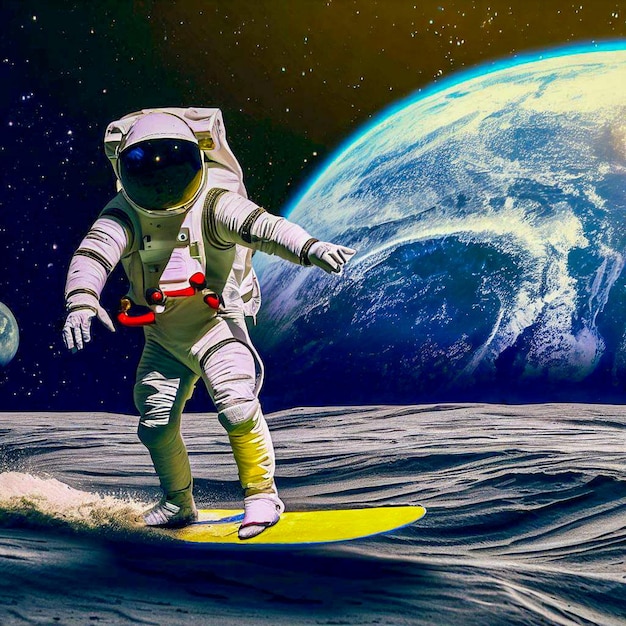 Un astronauta surfeando en la luna con la Tierra de fondo