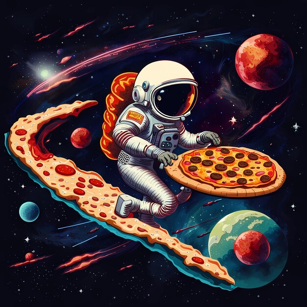 Foto un astronauta surfeando con una pizza