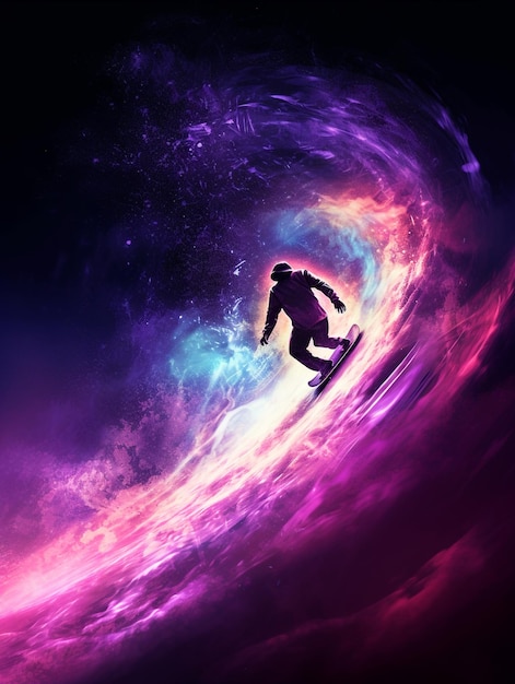 Astronauta surfeando en una tabla de surf en el espacio con estrellas