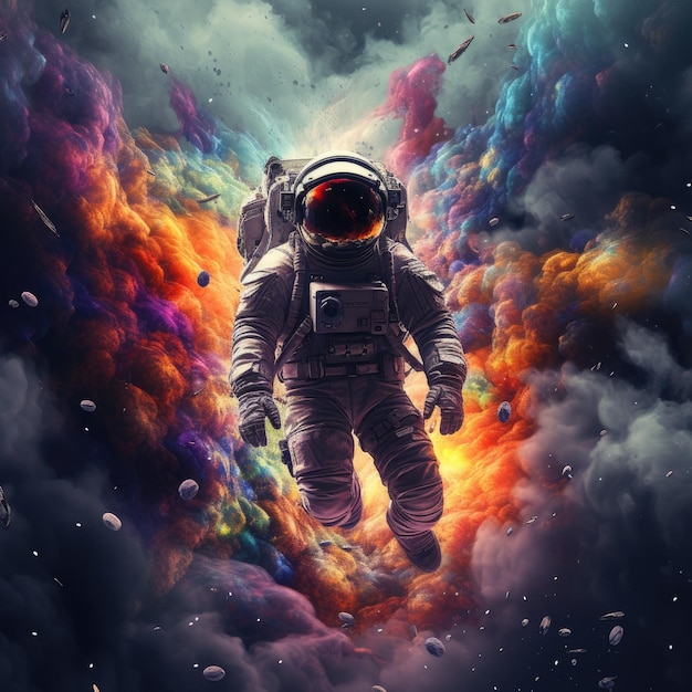 Astronauta surreal em uma galáxia cósmica de cores