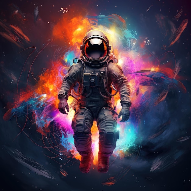 Astronauta surrealista en una galaxia cósmica de colores.