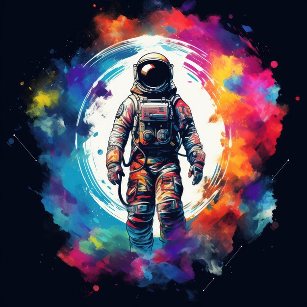 Astronauta surrealista en una galaxia cósmica de colores.