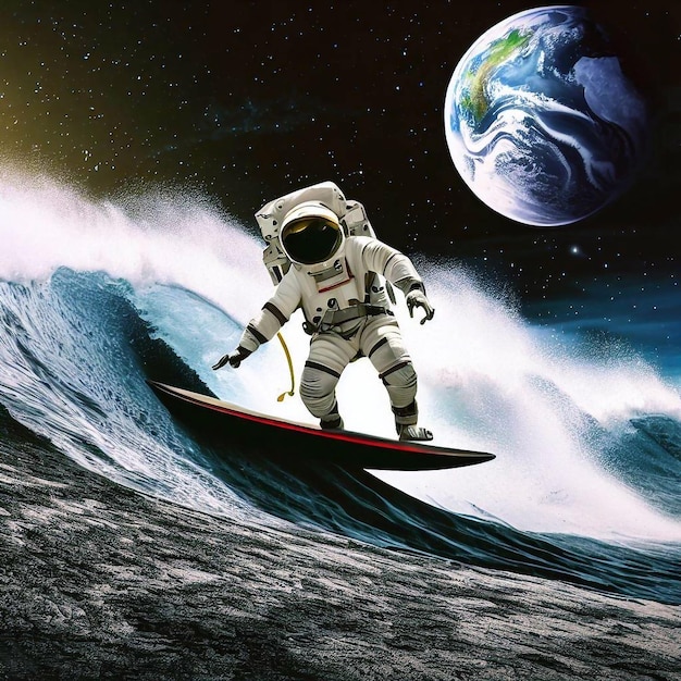 Un astronauta en una tabla de surf en el agua.