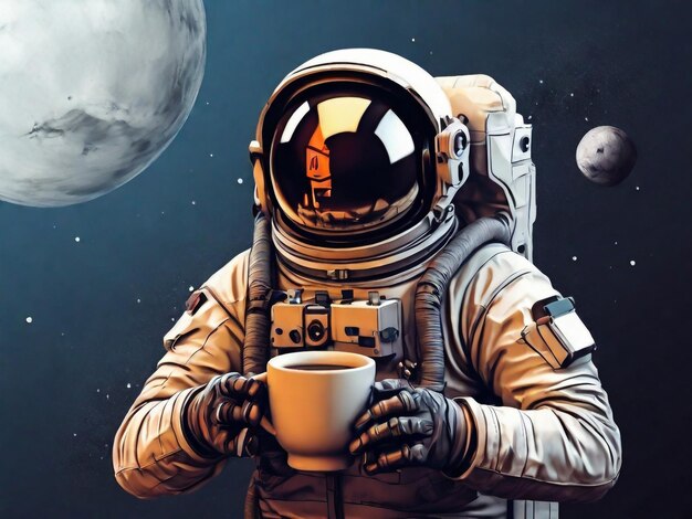 Astronauta con una taza de café en la mano Ilustración vectorial