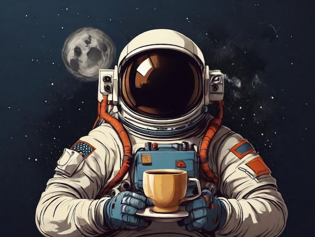 Astronauta con una taza de café en la mano Ilustración vectorial