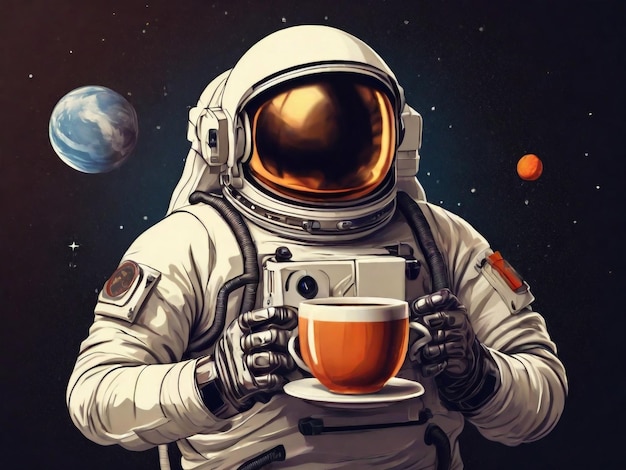 Astronauta con una taza de café en la mano Ilustración vectorial