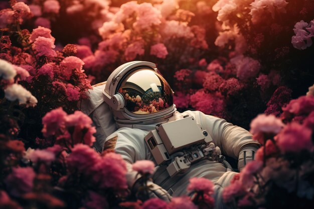 Astronauta tendido en un campo de flores de verano concepto de sueño de exploración espacial