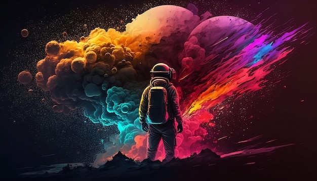 Astronauta testemunhando uma explosão de planeta colorida Generative Ai