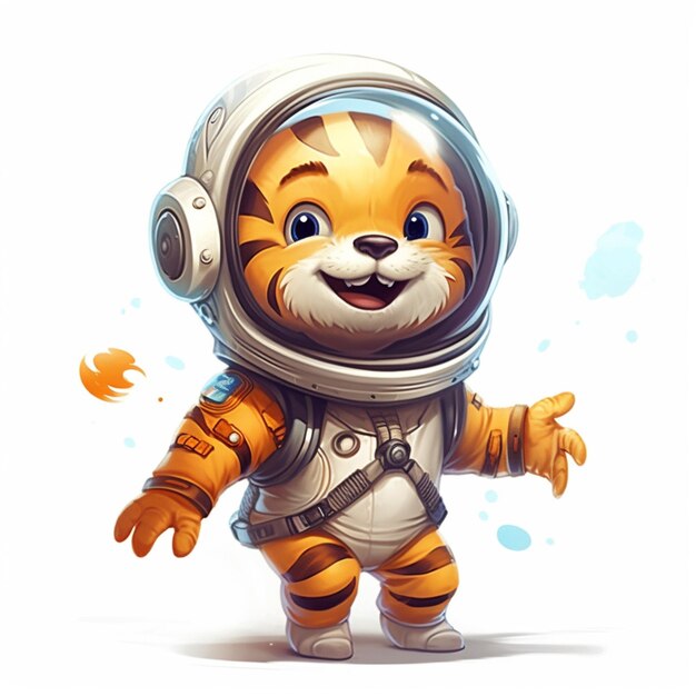 Astronauta de tigre de dibujos animados en traje espacial agitando su mano generativa ai