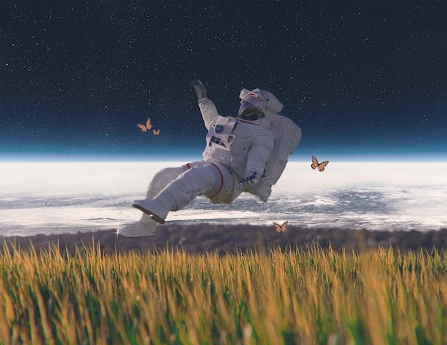 Foto astronauta de tiro completo en collage de naturaleza