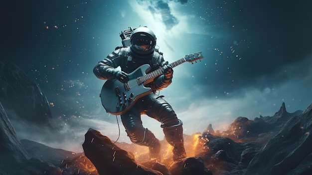 Un astronauta toca la guitarra en un planeta alienígena