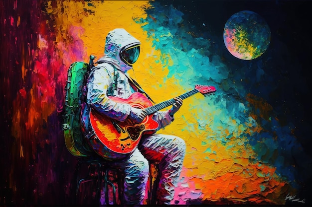 Un astronauta tocando una guitarra acuarela pintura IA generativa