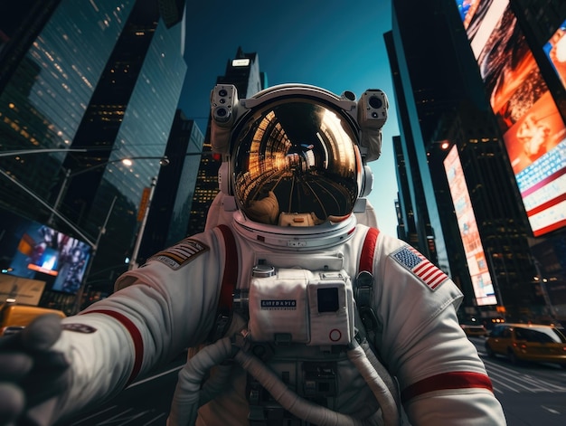 Un astronauta tomándose una selfie frente a la silueta de la ciudad de Nueva York.